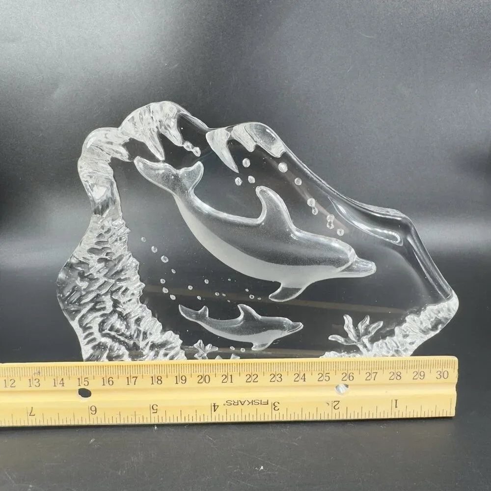 Vintage Clear Crystal Glass Plaque‎ Paperweight Dolphins Figurine Decorative VTG